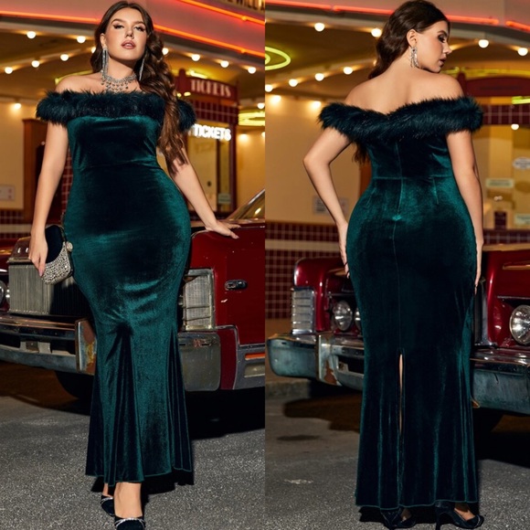 Dresses & Skirts - Plus Size Emerald Green Fuzzy Trim Mermaid Hem Glitter Bridesmaid Dress